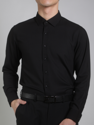 免燙黑色襯衫・柔軟彈性佳・小領設計