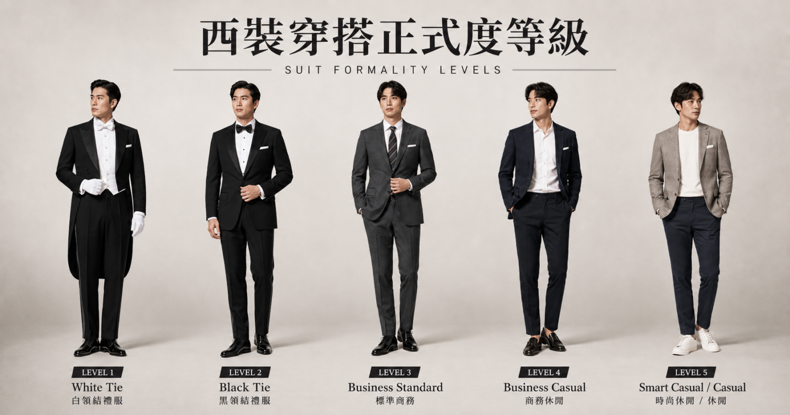 西裝正式度等級 — 從 Black Tie 到 Smart Casual 穿搭對比