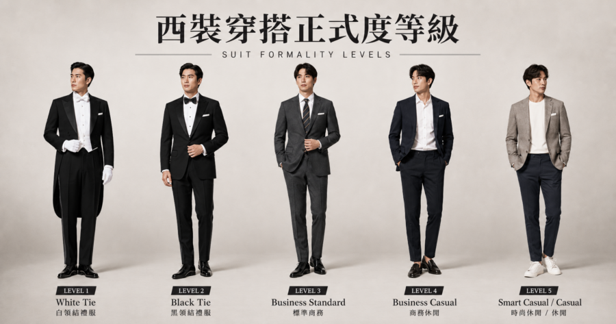 西裝正式度等級 — 從 Black Tie 到 Smart Casual 穿搭對比