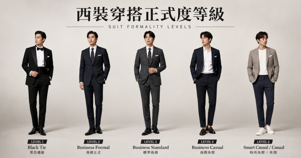西裝正式度等級 — 從 Black Tie 到 Smart Casual 穿搭對比
