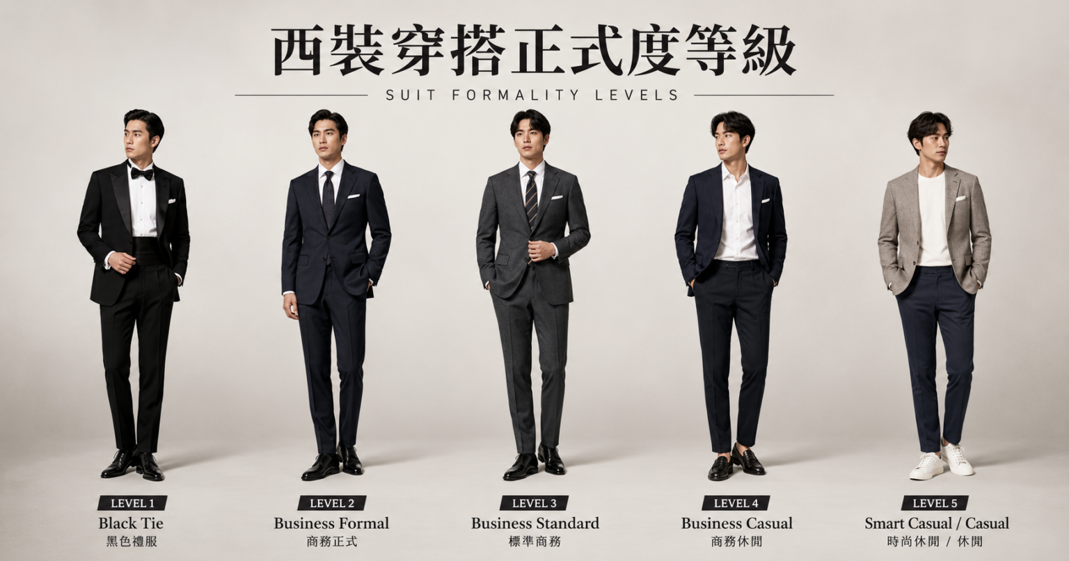西裝正式度等級 — 從 Black Tie 到 Smart Casual 穿搭對比
