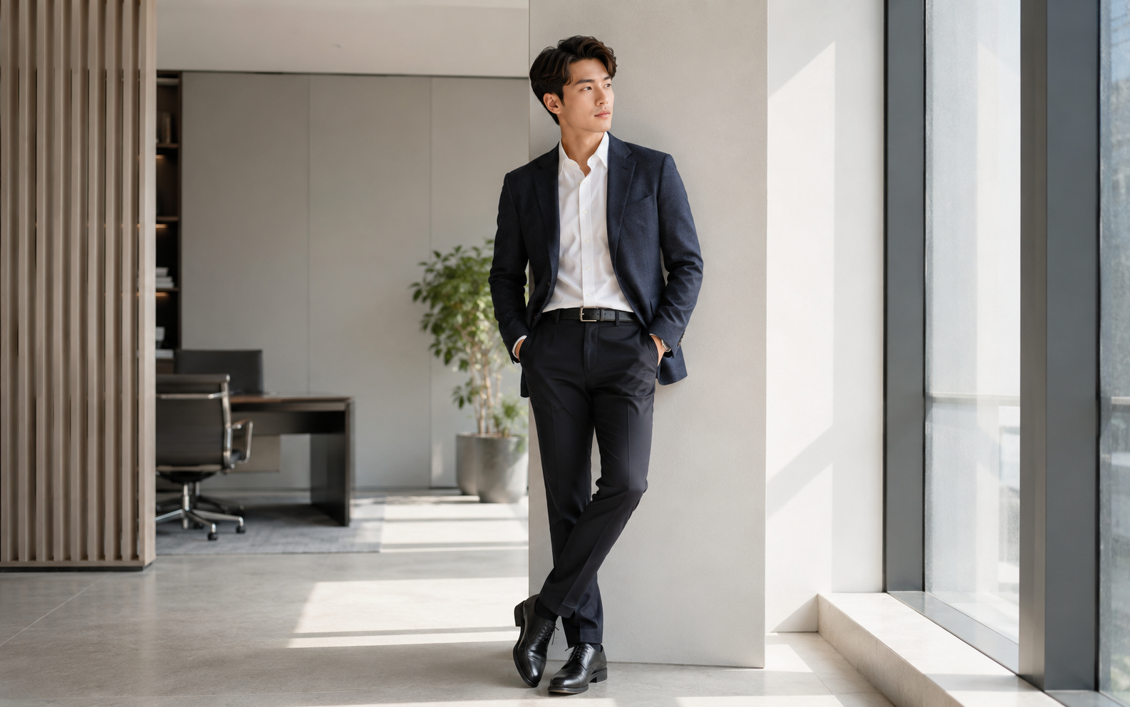 Business Casual 西裝穿搭 — 西裝外套搭深色長褲不打領帶