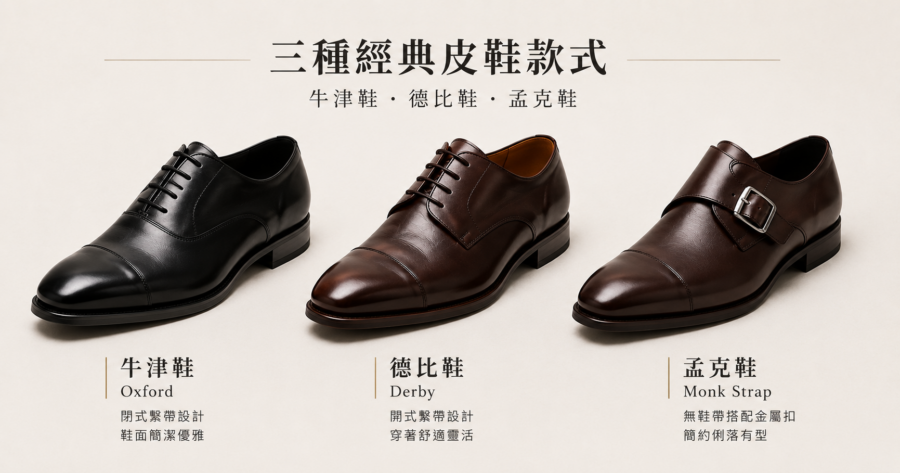 西裝皮鞋比較 — 牛津鞋、孟克鞋、德比鞋三種款式並排