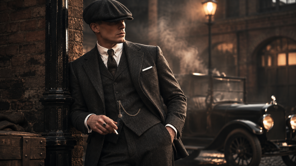 Peaky Blinders 復古英倫紳士造型：深色人字紋三件式西裝搭配報童帽