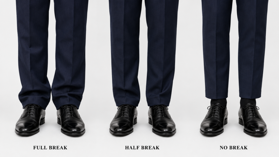西裝褲褲長選擇：Full Break、Half Break、No Break 三種褲長腳踝處對比
