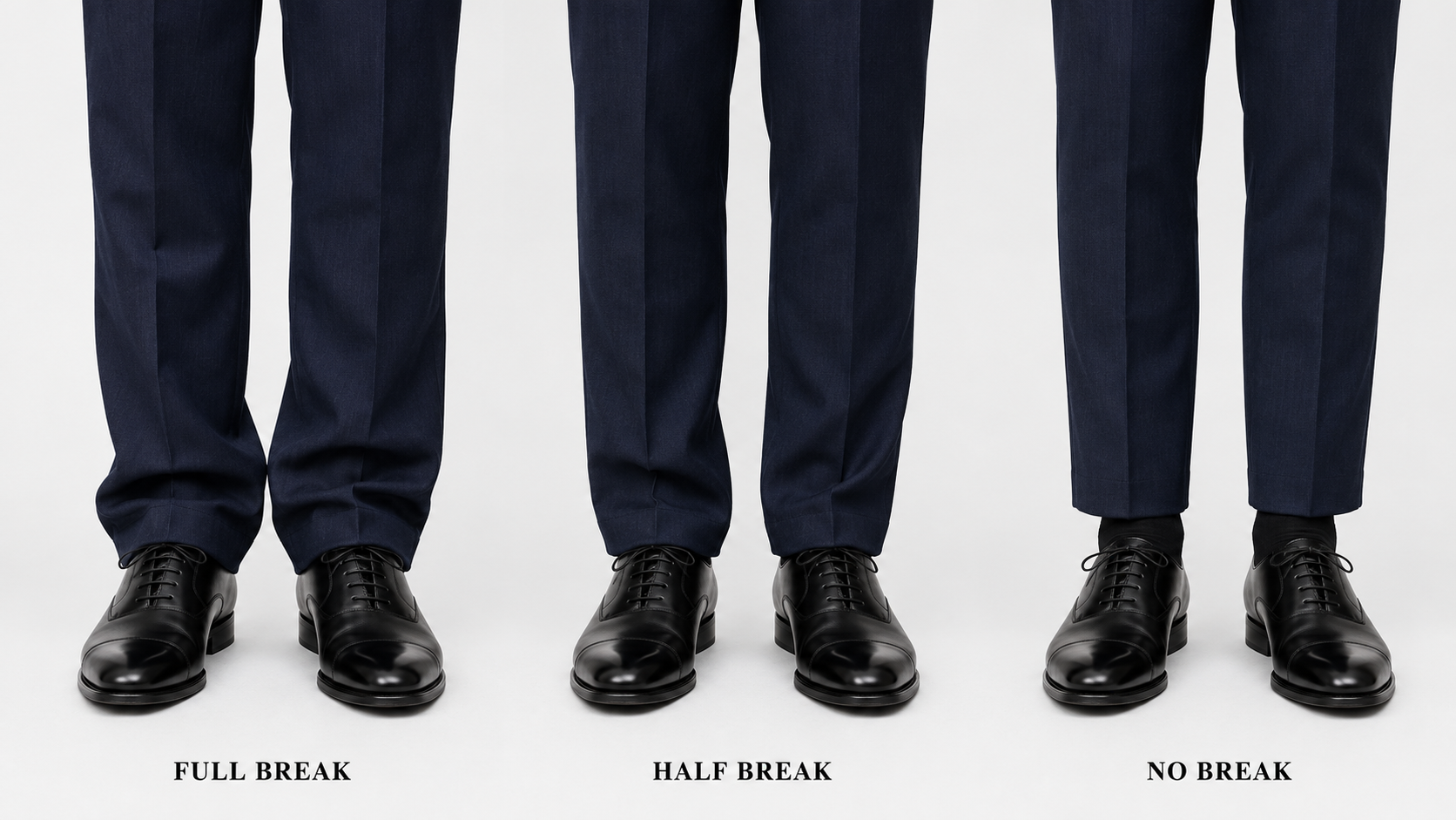 西裝褲褲長選擇：Full Break、Half Break、No Break 三種褲長腳踝處對比