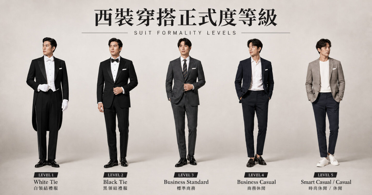 西裝正式度等級 — 從 Black Tie 到 Smart Casual 穿搭對比