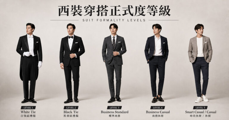 西裝正式度等級 — 從 Black Tie 到 Smart Casual 穿搭對比