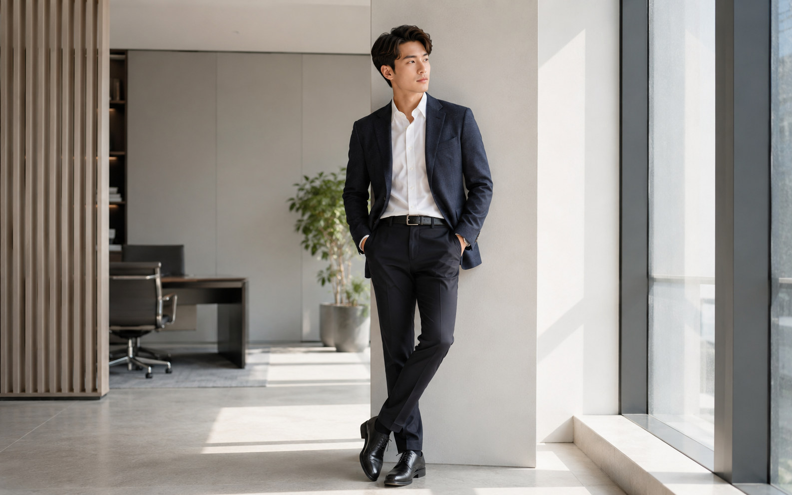 Business Casual 西裝穿搭 — 西裝外套搭深色長褲不打領帶