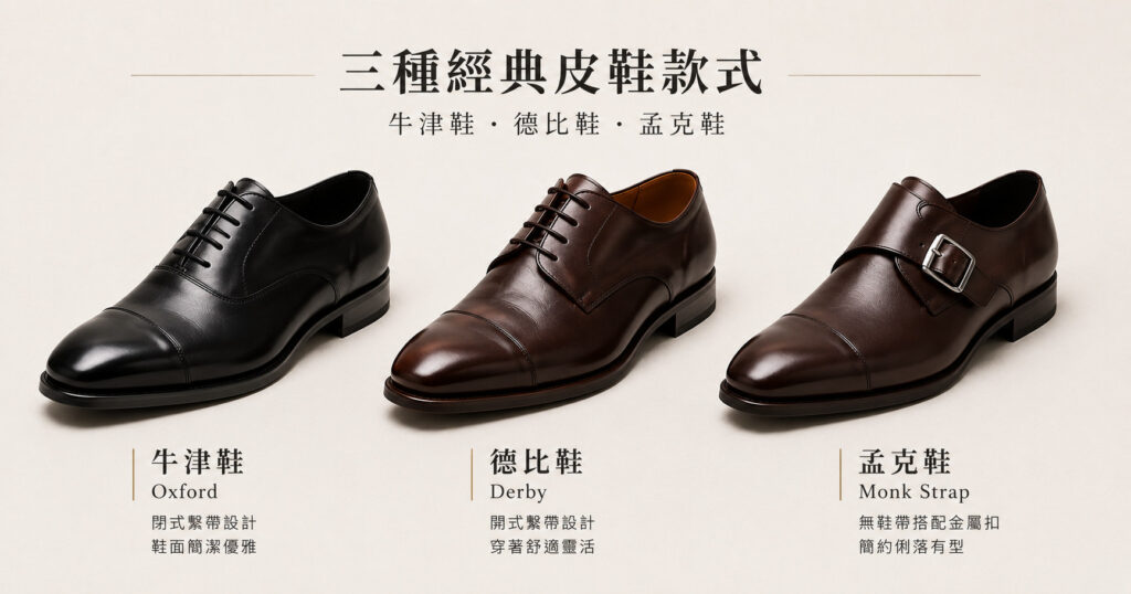 西裝皮鞋比較 — 牛津鞋、孟克鞋、德比鞋三種款式並排