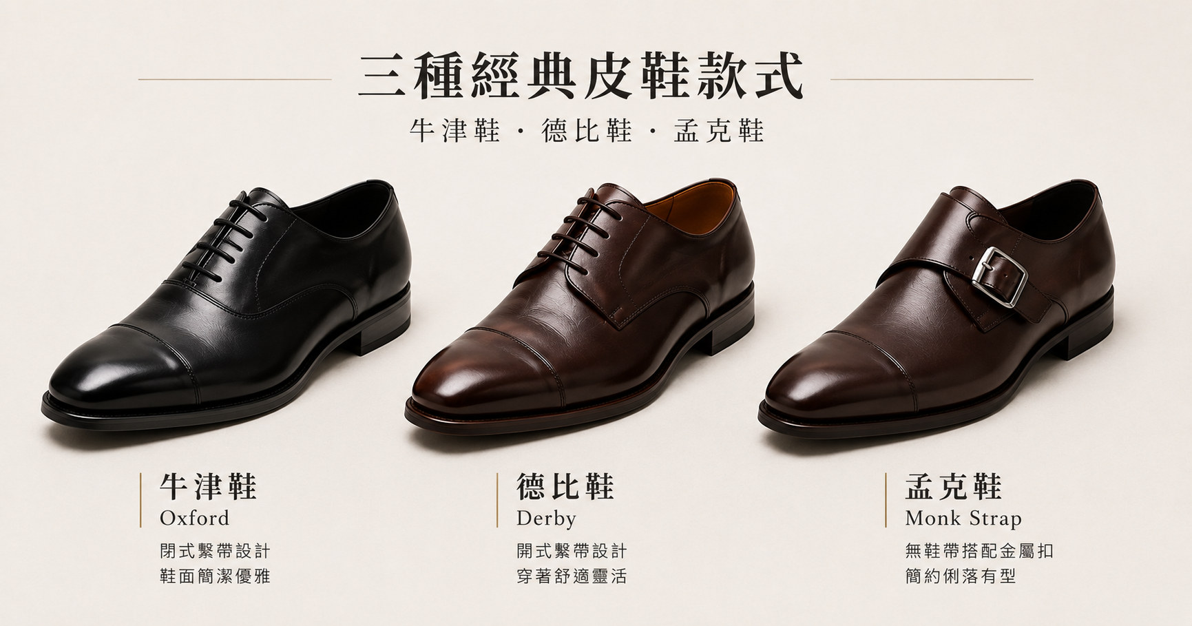 西裝皮鞋比較 — 牛津鞋、孟克鞋、德比鞋三種款式並排
