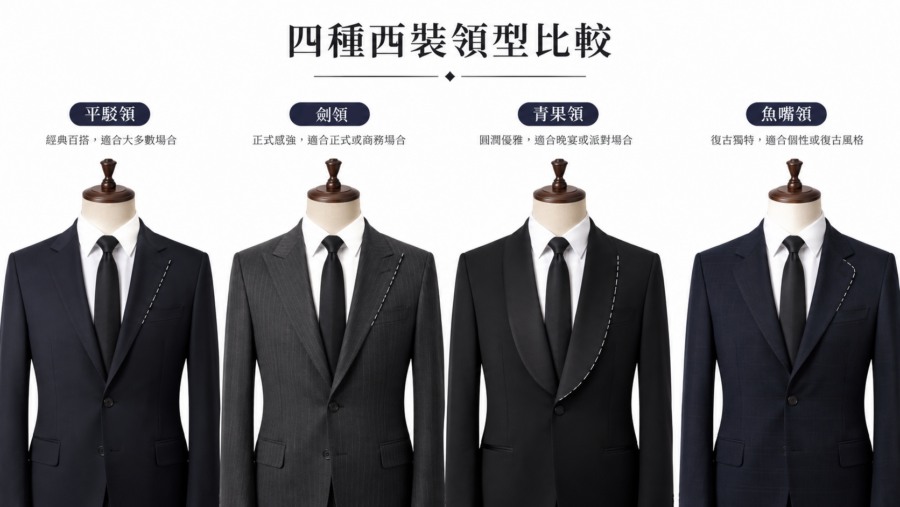 西裝四種領型對比圖:平駁領、魚嘴領、戧駁領、青果領的外型與風格差異
