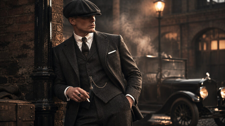 Peaky Blinders 復古英倫紳士造型:深色人字紋三件式西裝搭配報童帽