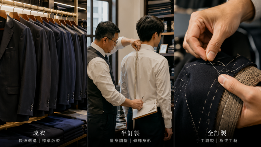 RTW 現成西裝、MTM 半訂製、Bespoke 全訂製三種西裝類型比較示意
