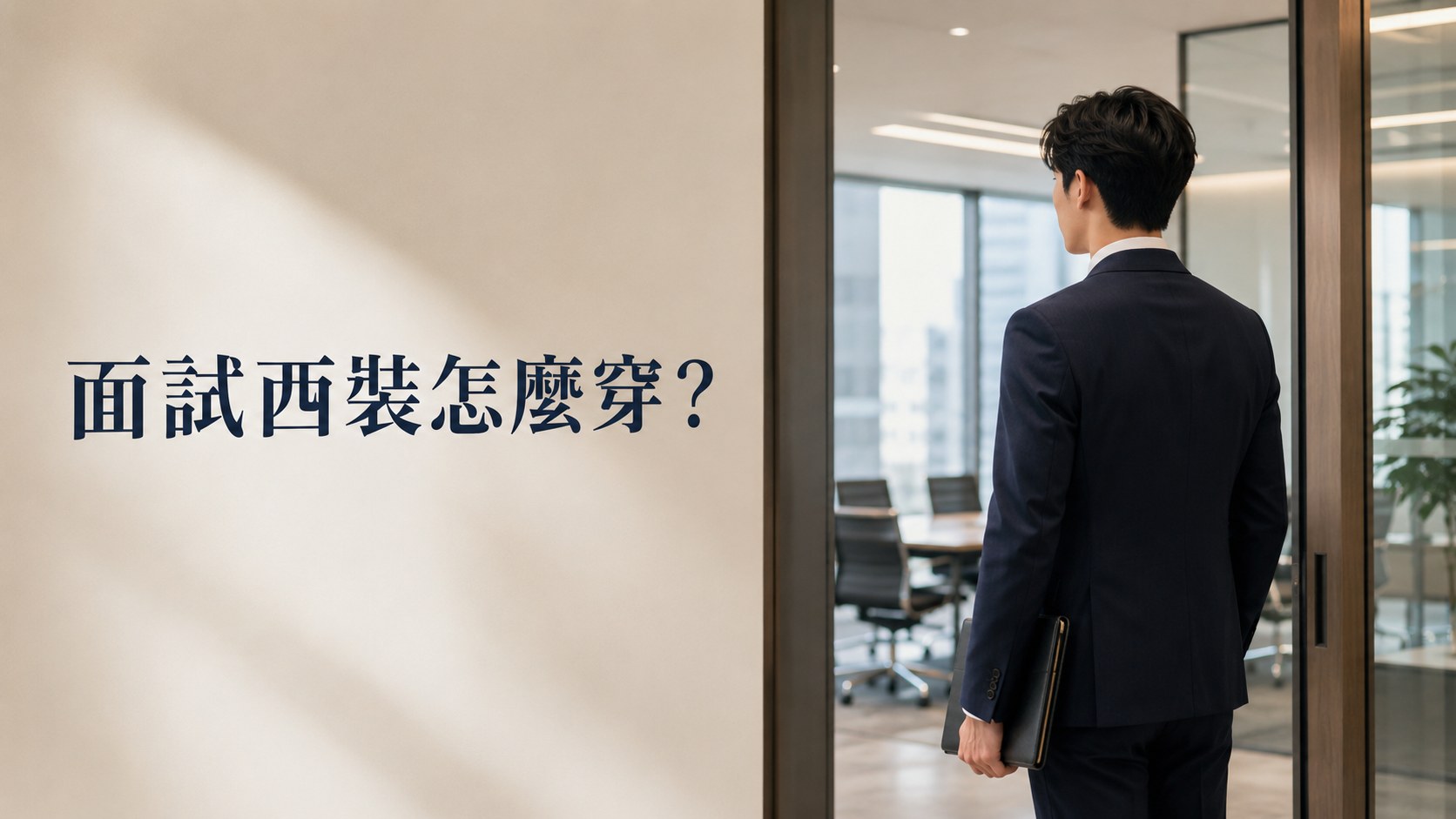 面試西裝怎麼穿 求職者深藍西裝準備進入會議室