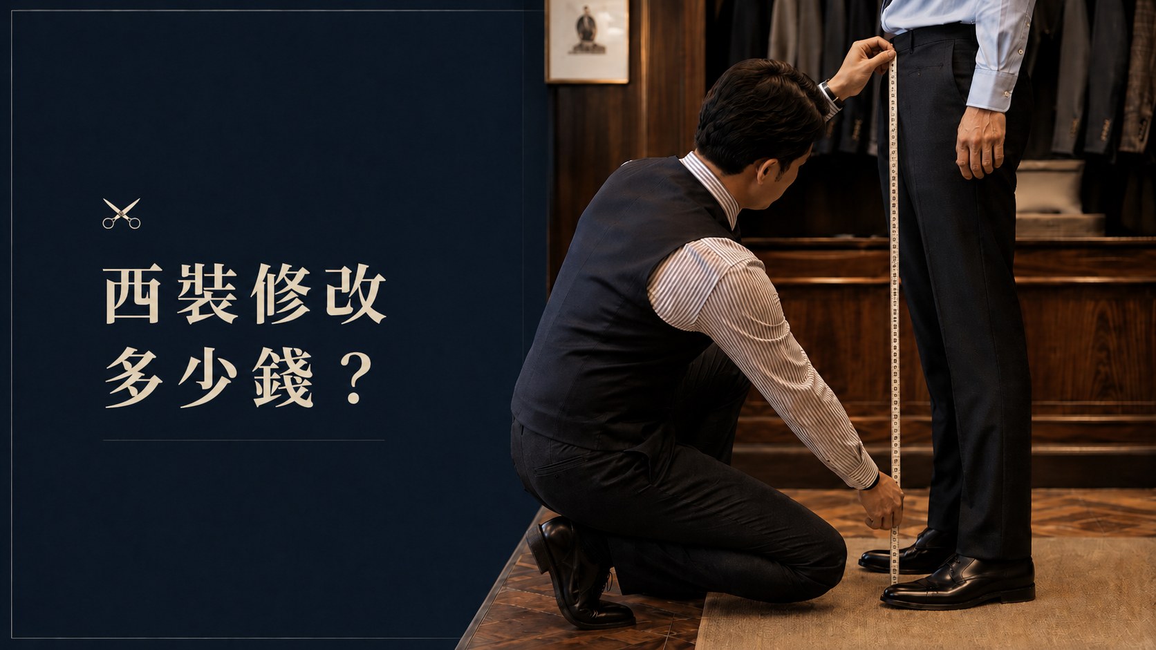 西裝修改多少錢 師傅測量西裝褲長情境