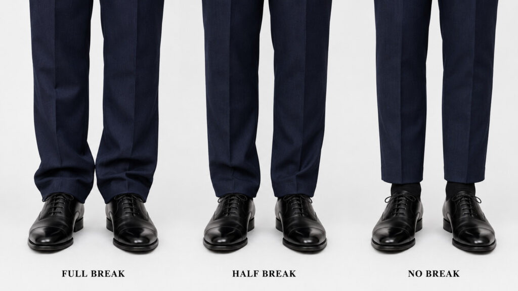 西裝褲褲長選擇：Full Break、Half Break、No Break 三種褲長腳踝處對比
