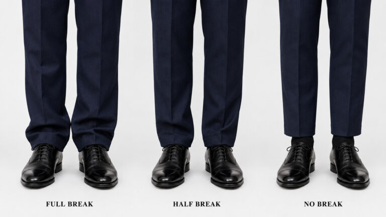 西裝褲褲長選擇：Full Break、Half Break、No Break 三種褲長腳踝處對比