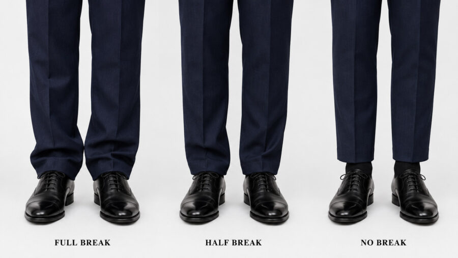 西裝褲褲長選擇：Full Break、Half Break、No Break 三種褲長腳踝處對比