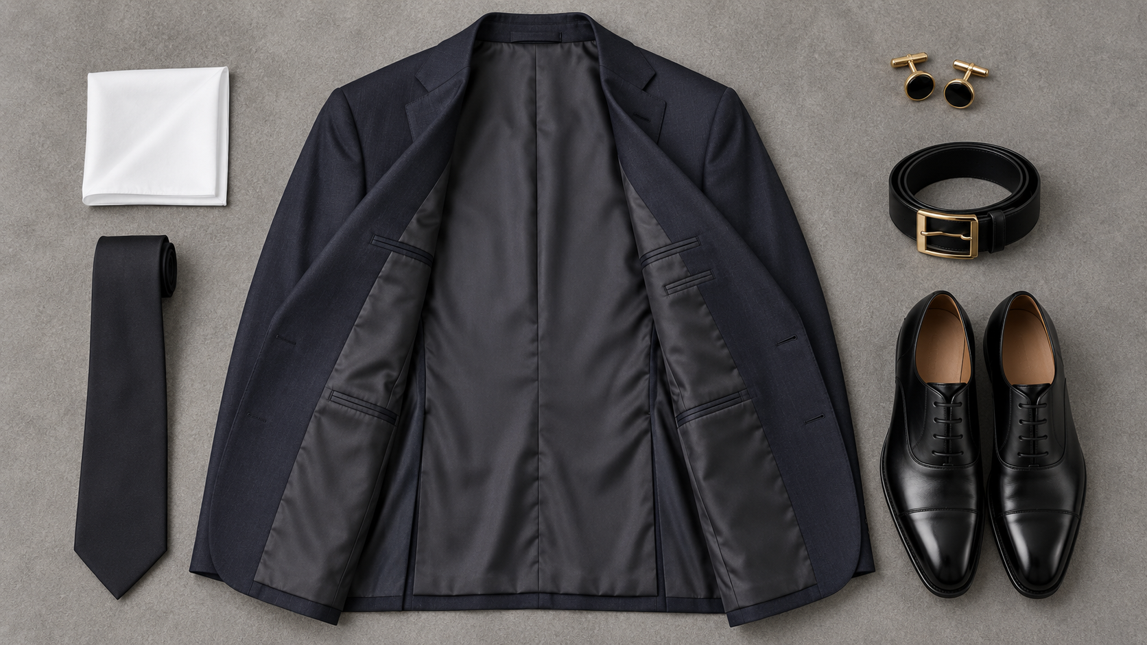 西裝必備配件 Flat Lay：西裝外套、領帶、口袋巾、袖扣、皮帶、牛津鞋平鋪俯拍