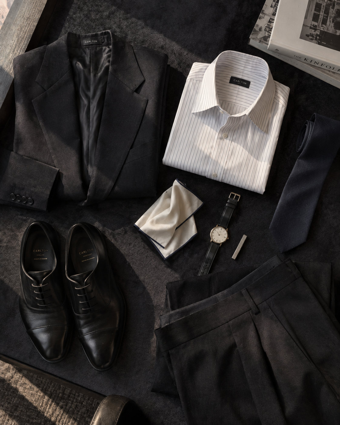 男士西裝 Flat Lay：黑色西裝外套、條紋白襯衫、深藍領帶、牛津鞋、手錶、口袋巾