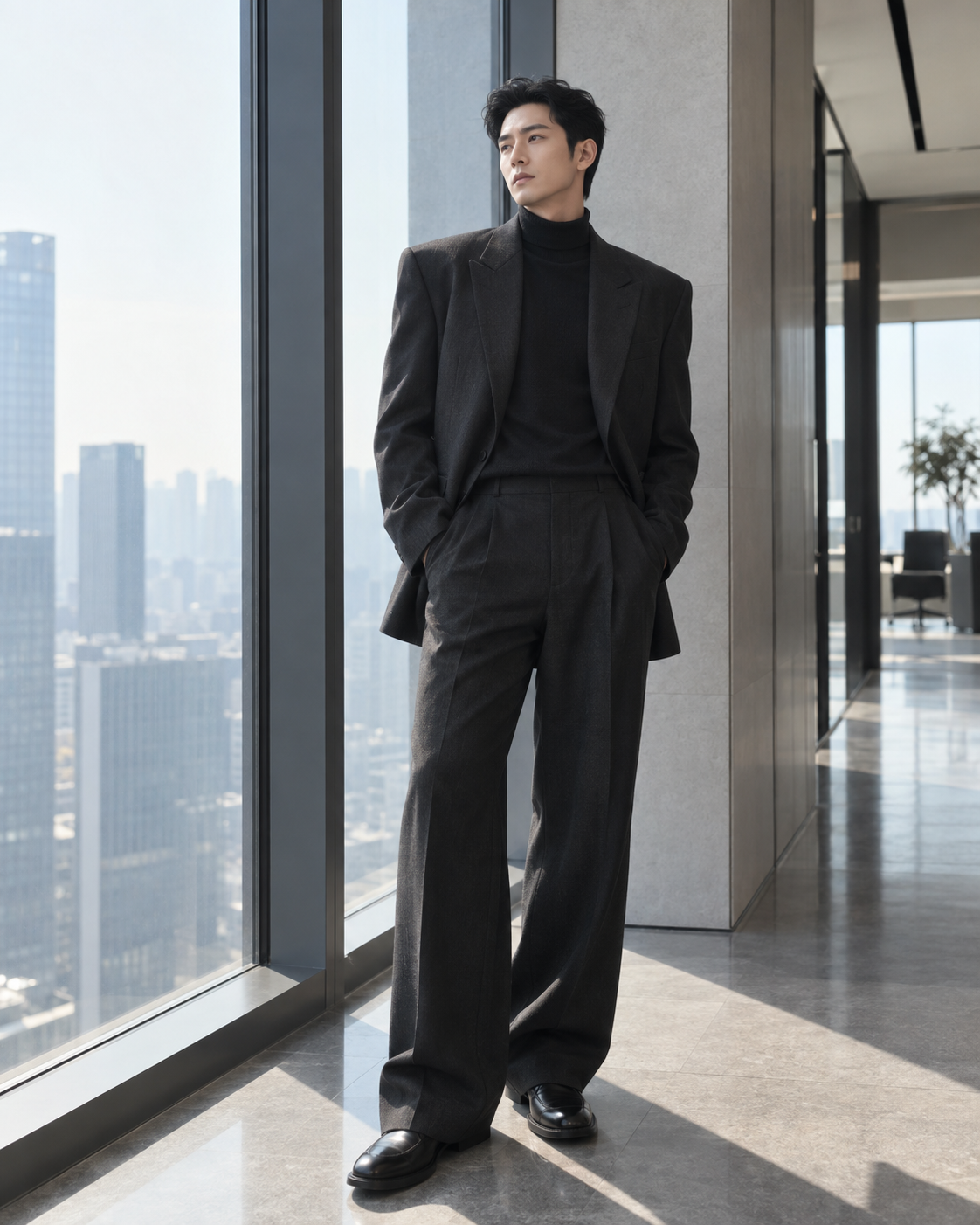 寬肩廓形西裝造型，黑色西裝外套搭高領針織與寬版褲，落地窗辦公室，鬆弛的精英感