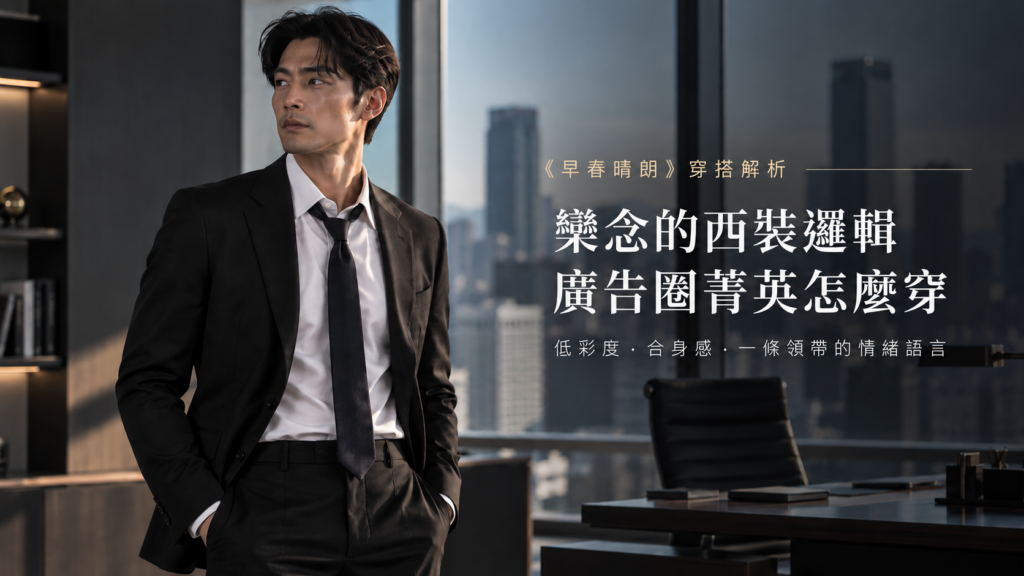 《早春晴朗》欒念黑色西裝造型，修身剪裁、領帶微鬆，辦公室高樓背景