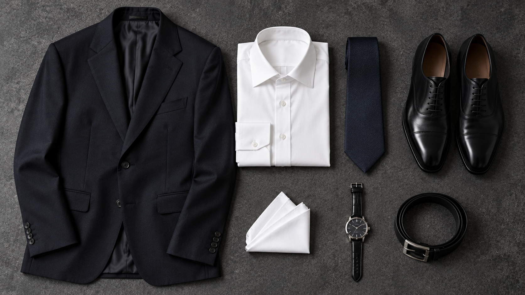 男士西裝 Flat Lay，含深色西裝外套、白色襯衫、深藍領帶、牛津鞋、手錶、口袋巾