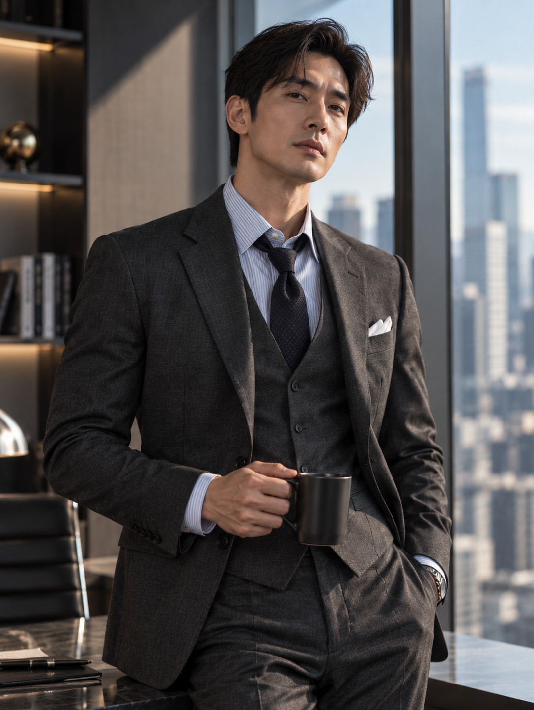 亞洲男性穿著炭灰三件式西裝，含背心與條紋襯衫，辦公室場景