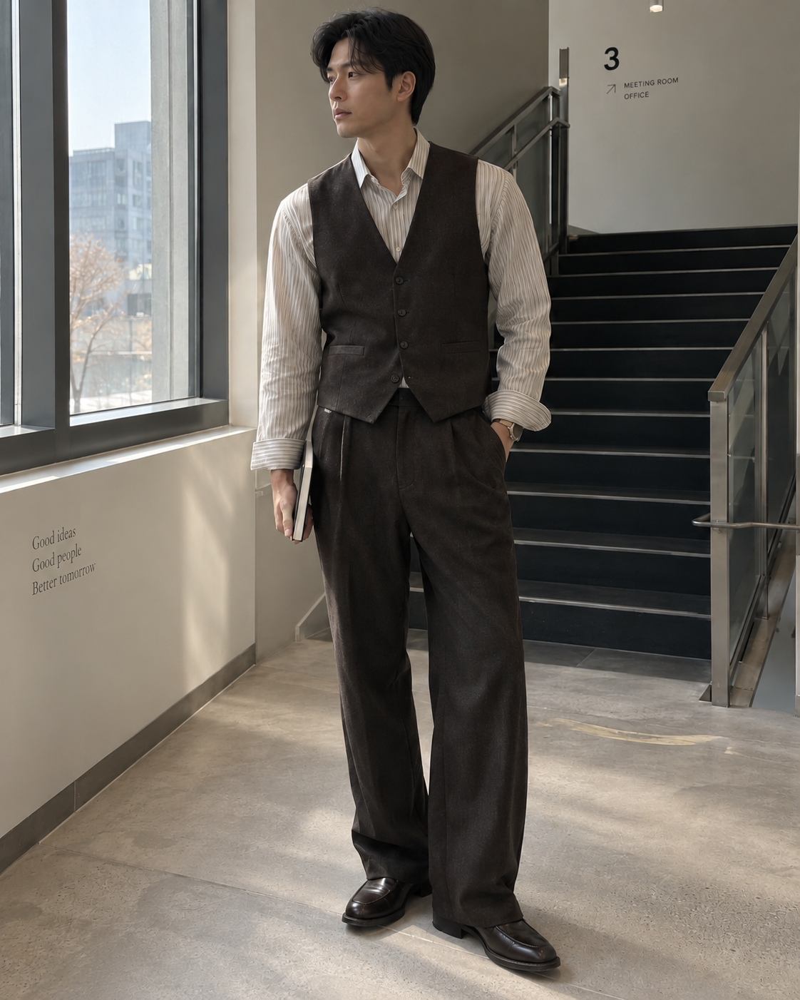 東亞男性穿深棕色西裝背心搭條紋襯衫與寬版褲，辦公室樓梯間，iPhone 自然光