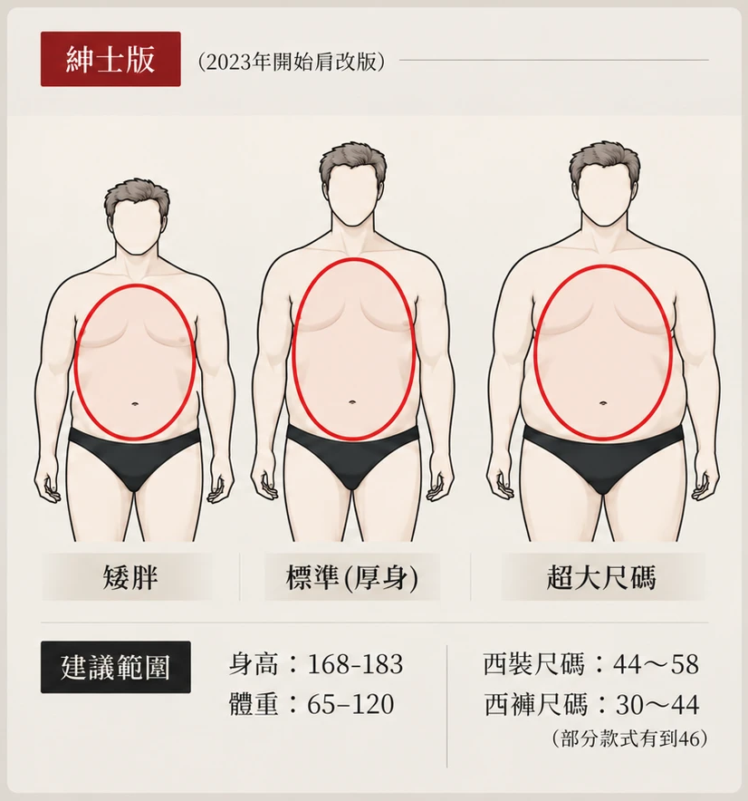 紳士版體型與建議尺碼示意圖：身高 168-183、體重 65-120，西裝尺碼 44～58，西褲尺碼 30～44（部分款式有到 46）