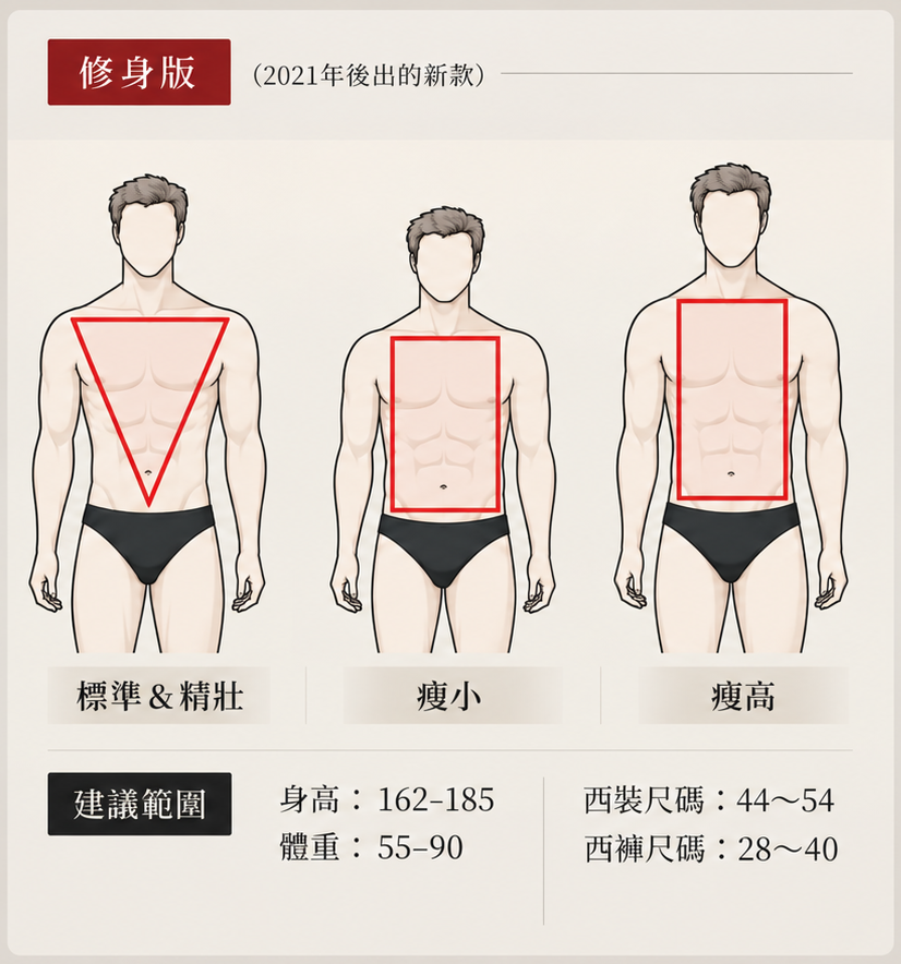 修身版體型與建議尺碼示意圖:身高 162-185、體重 55-90,西裝尺碼 44~54,西褲尺碼 28~40